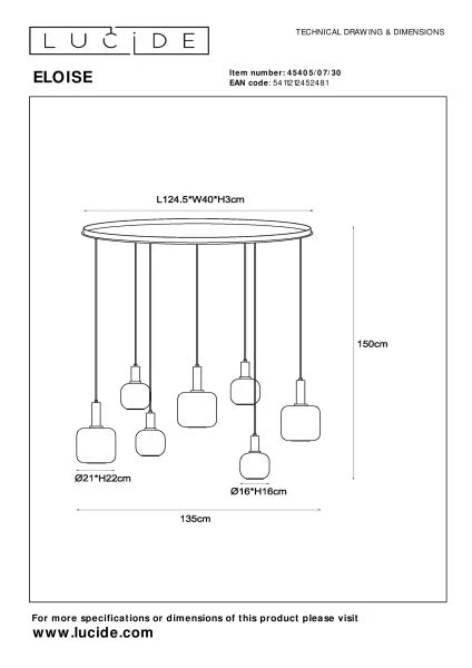 Lucide ELOISE - Pendelleuchten - 7xE27 - Schwarz - technisch